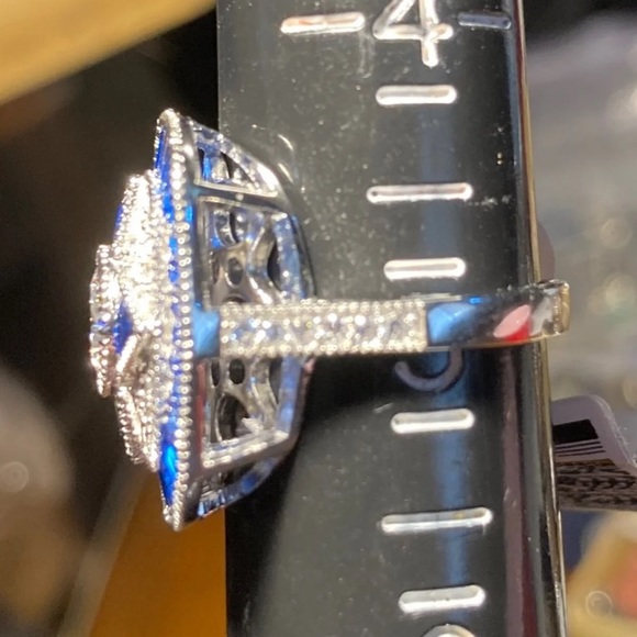 Sapphire and CZ Rhodium Over 925 Sz 5 Ring - Picture 3 of 11